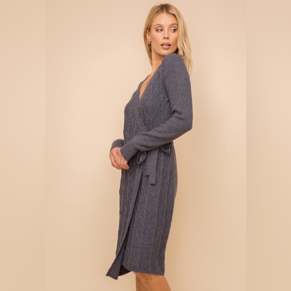 660. Midi Dress Wrap Sweater V-Neck Textured Denim Navy S, M & L Available - Picture 2 of 7